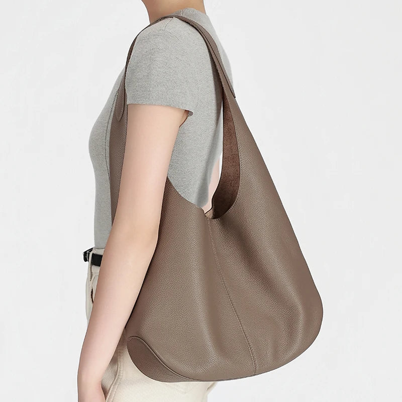 Genuine Cowhide Leather Slouchy Hobo Shoulder Bag for Women Pebbled Leather Large Capacity Everyday Tote Bag Daily Underarm Bags