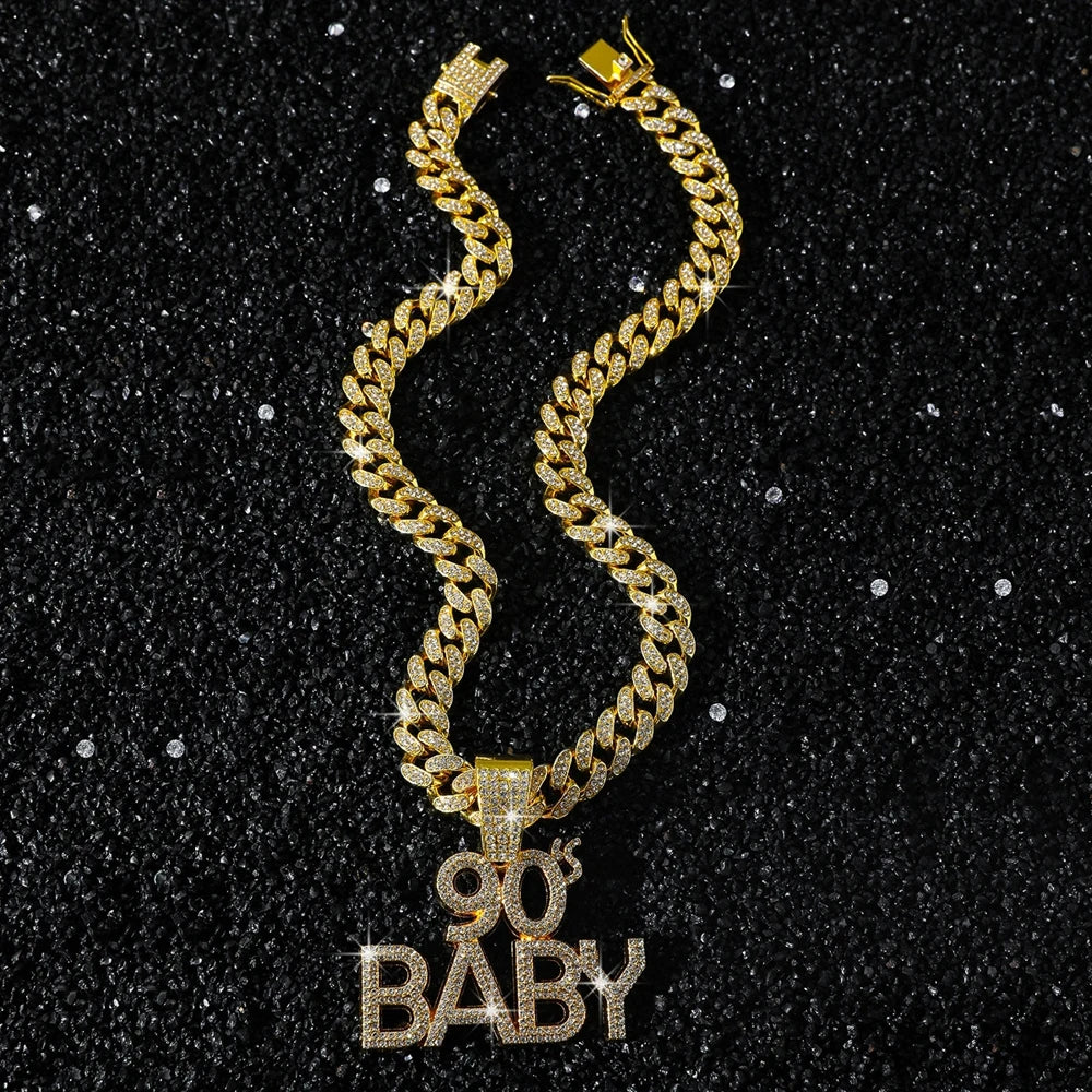 Men Women Hip Hop Full Rhinestone 90 BABY Letter Pendant Necklace Cuban Chain HipHop Iced Out Bling Necklaces Charm Jewelry Gift