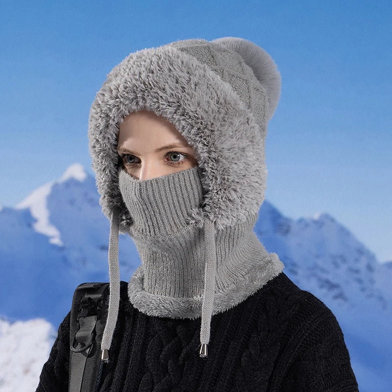 Xinbaoguan 100% Acrylic 8408 cross-border winter velvet knitted yarn hat women's mask scarf integrated warm ear protection hood