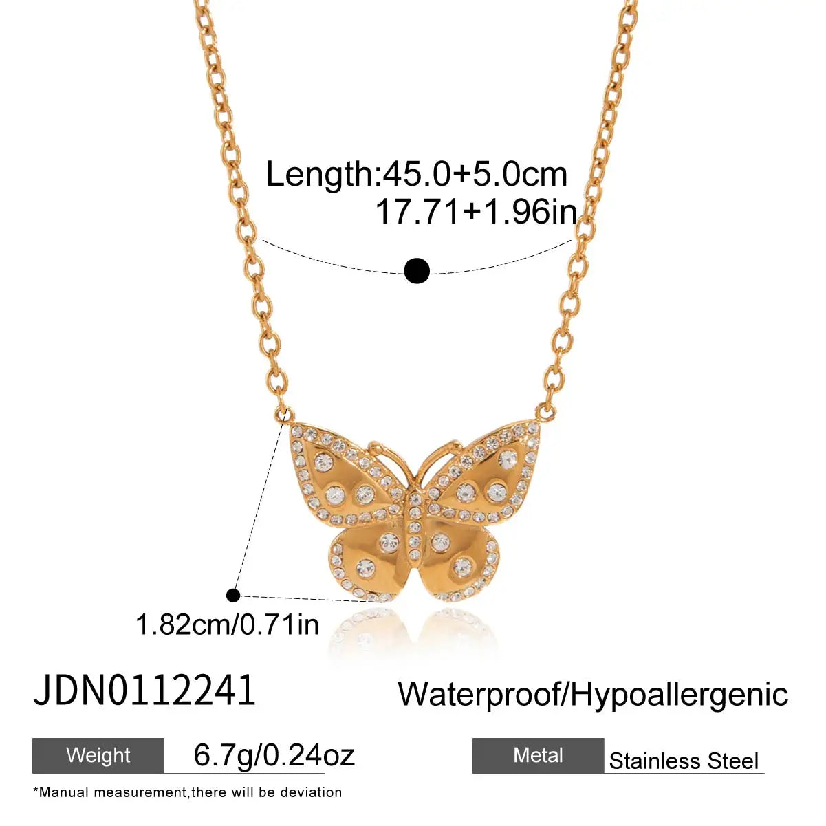 Uworld Classic White Rhinestones Butterfly Pendant O-Chain Necklace For Women 18K PVD Gold Plated Stainless Steel Necklaces Gift