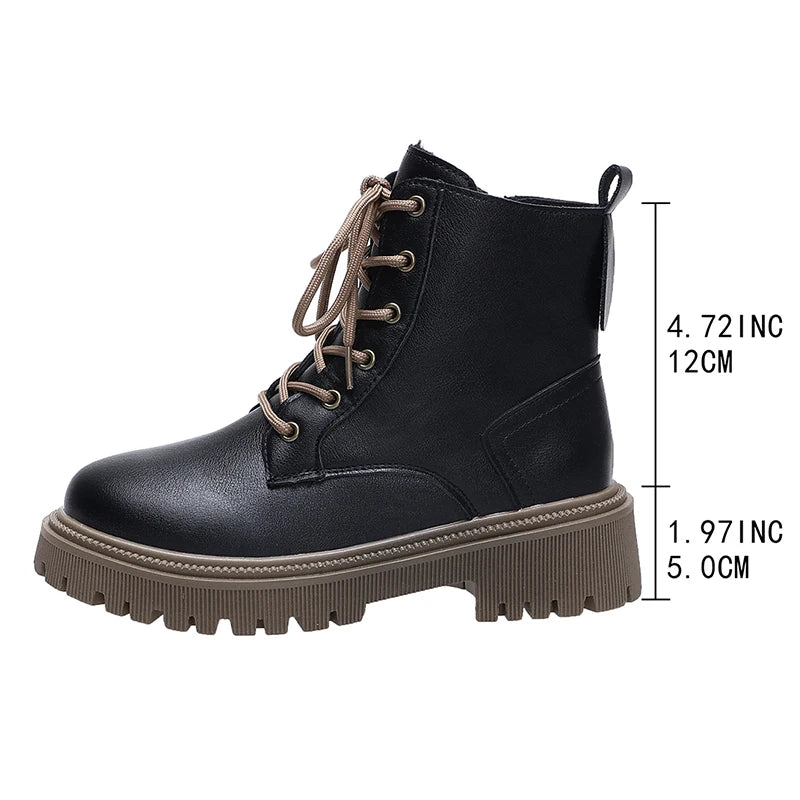 2025 Lace Up Platform Ankle Boots for Women Autumn Winter Warm Plush Short Booties Mujer Plus Size Thick Sole Motorcycle Boots