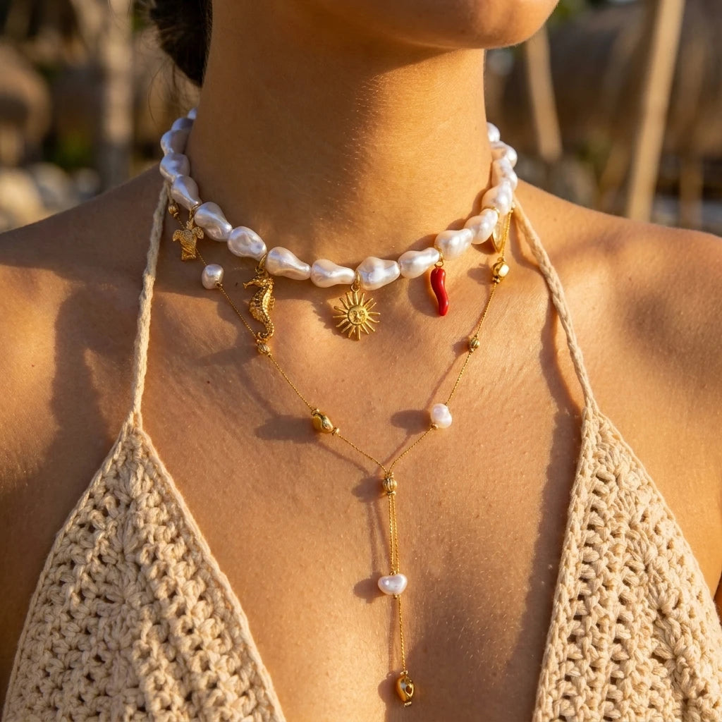 Simple Stylish Gold Tone Layered Necklace for Women Faux Pearl Seahorse Sun Pendants Necklace Fashion Summer Beach Jewelry Gift