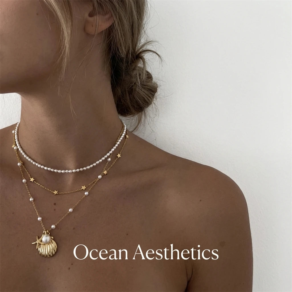 Summer Ocean Style Shell Starfish Necklace for Women Vintage Faux Pearl Beaded Choker Beach Vacation Holiday Jewelry
