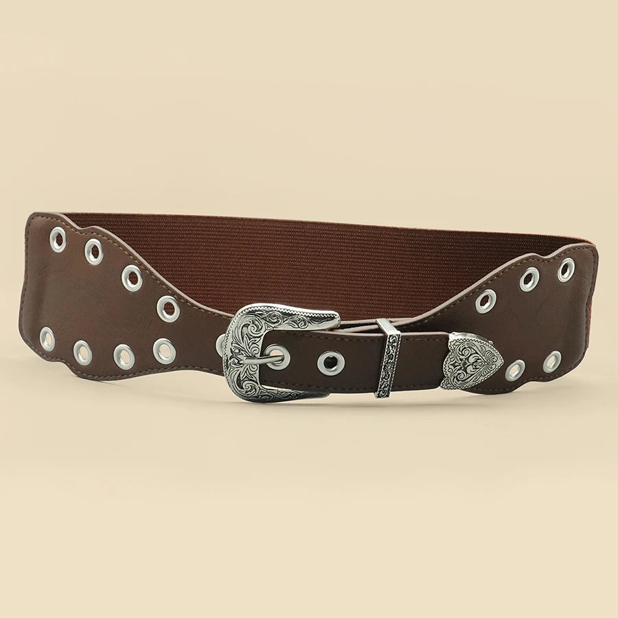 Y2K Style Eyelet Women's Patchwork Belt, Silver Carved Alloy Buckle, Personalized and Fashionable Women's Belt