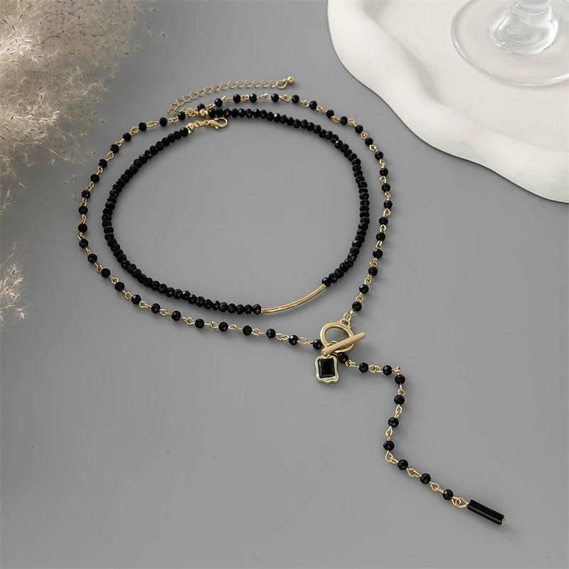 Dark Feminine Edgy 2 Piece Layered Necklace Set for Women Gold Color Black Beaded Choker Square Pendant Y-Drop Aesthetic Jewelry