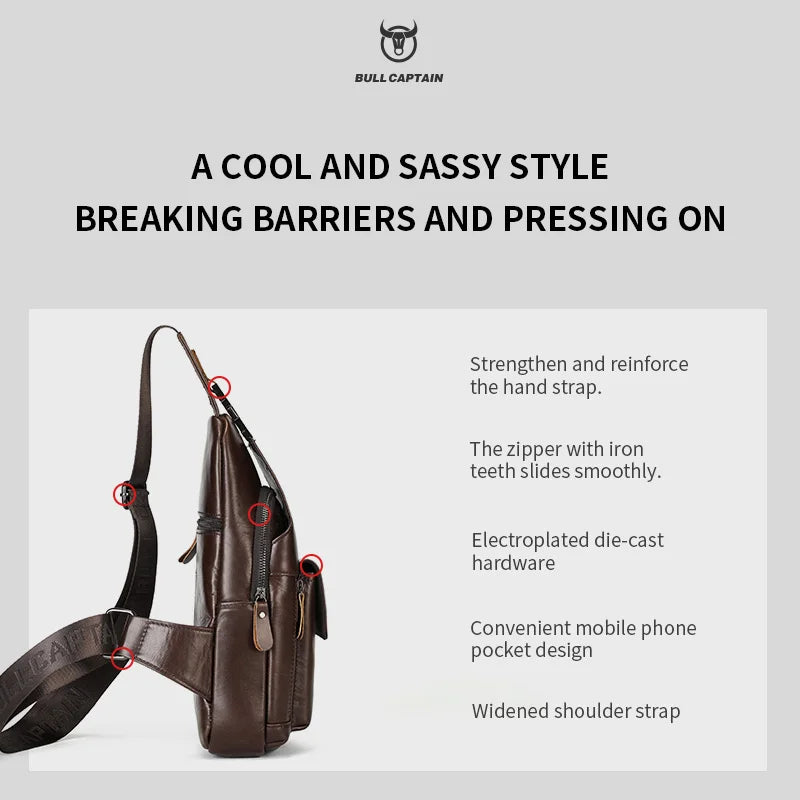 BULLCAPTAIN Men's Leather Breast Bag Fashion Casual Multifunctional Off-Road Crossbody Bag Business Tablet Mobile Leather Bag