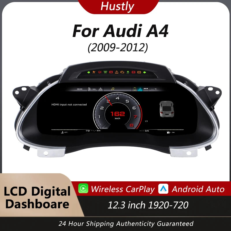 Digital instrument cluster For Audi A4 2009-2012 speedometer 12.3”HD screen1920*720 / iOS Carplay / Android Auto /Plug&Play