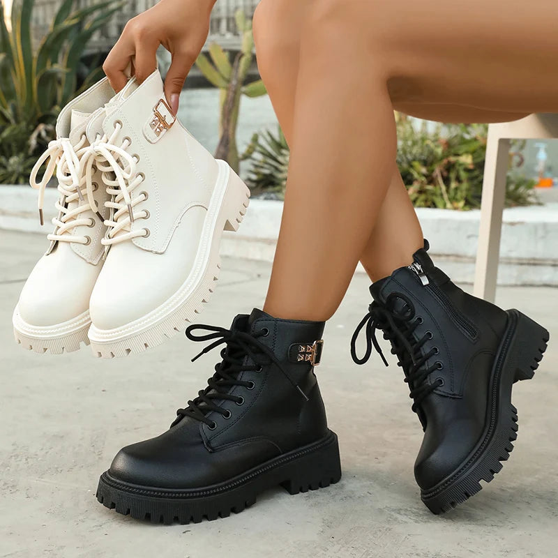 Fashion Buckel Thick Sole Ankle Boots Women Lace Up Punk Motorcycle Boots Woman Pu Leather Thicken Plush Short Booties Mujer