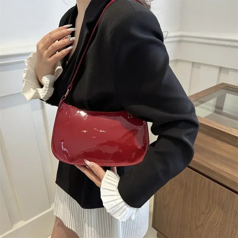 Women's Red Patent Leather Versatile Shoulder Casual Bag Zipper Handbags