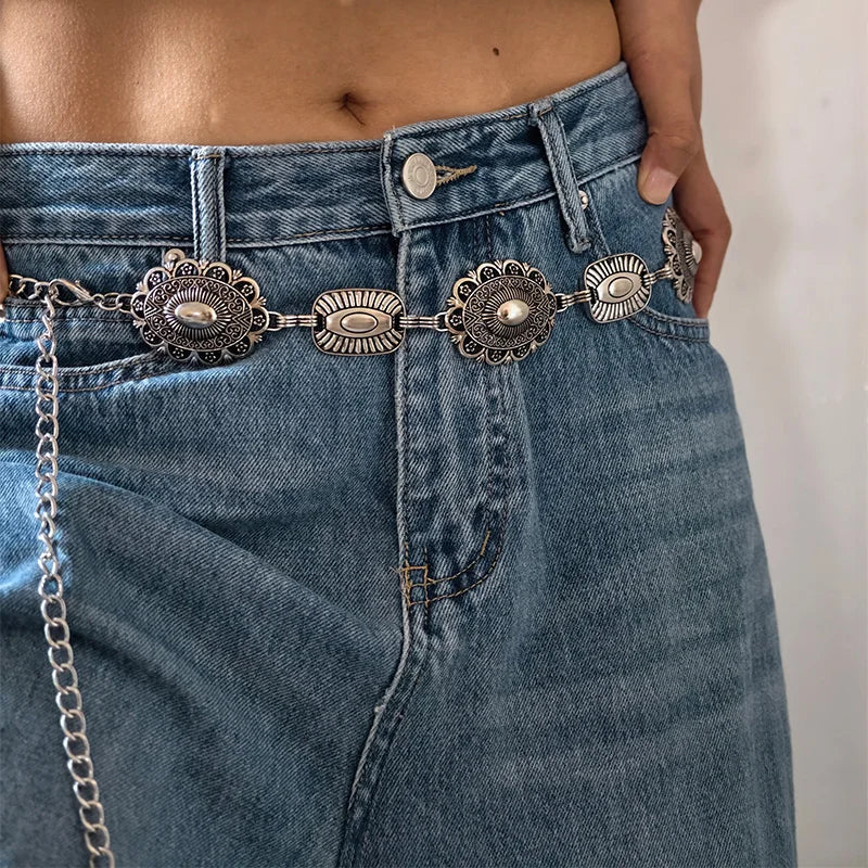 High Quality Metal Women's Waist Chain Gold Durable Retro Western Cowboy Adjustable Carved Chain Belt Jeans Metal Waistband