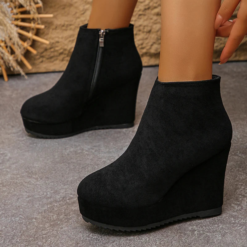 Black Wedge High Heel Ankle Boots Women Faux Suede Chunky Platform Boots Woman 2025 Plus Size 35-42 Zipper Short Booties Mujer