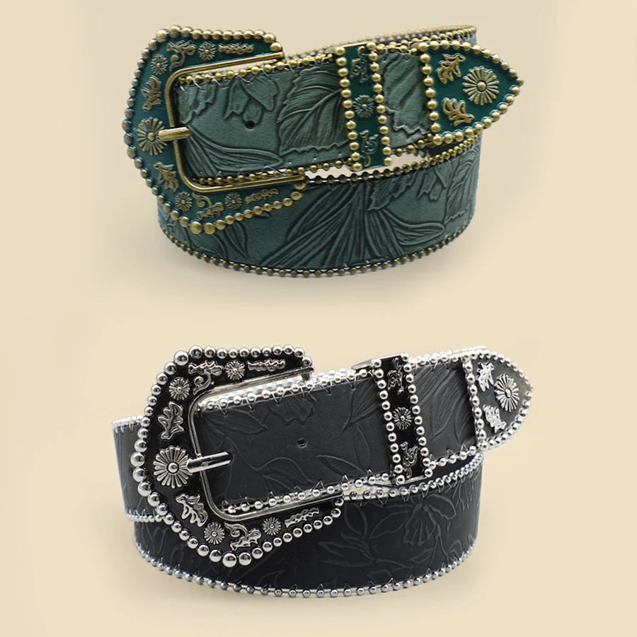 Bohemian Women's Belt with Metal Bead Accents - Vintage Carved Buckle & Leaf-Engraved Chain Detailing for Casual Elegance