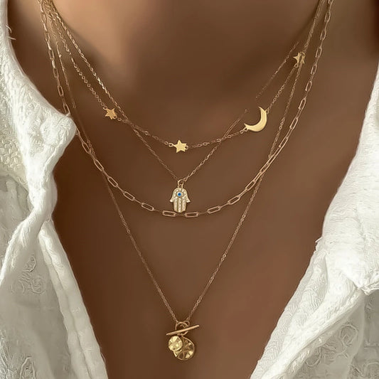 Bohemian Gold Color Multilayer Chain Necklaces For Women Vintage Evil Eye Palm Cross Pendant Choker Necklace Party Jewerly Gift