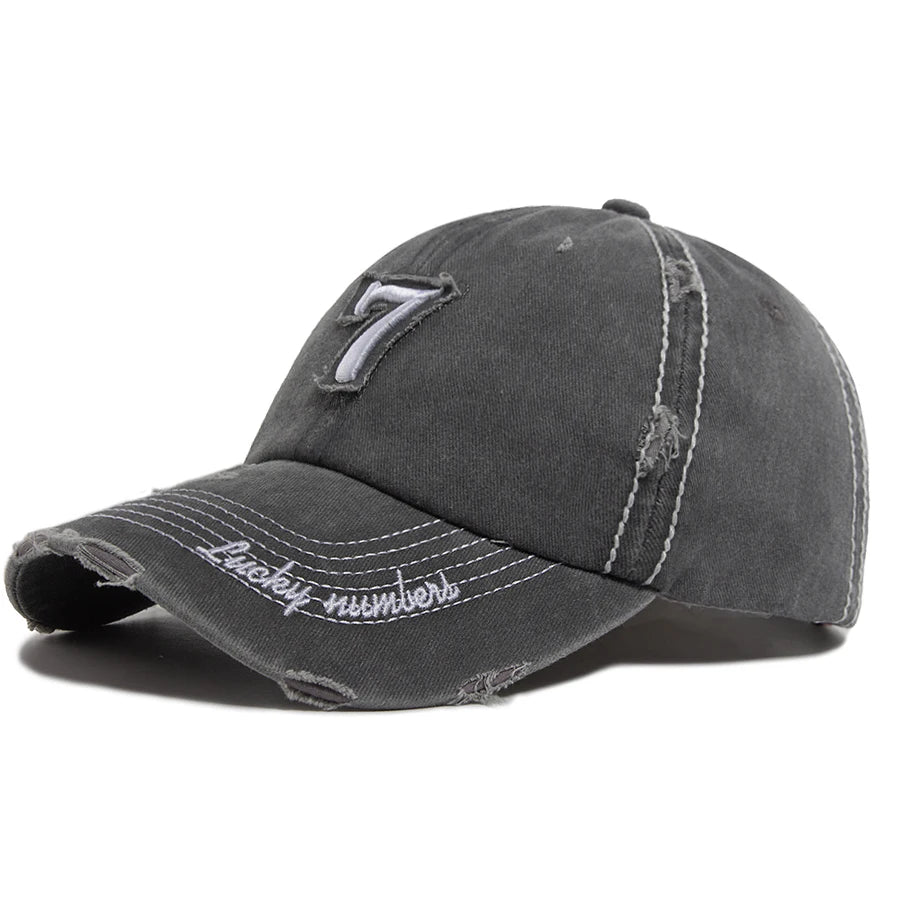 Men‘s Baseball Cap White Line 7 Embroidered Patch Women Hat Summer Vintage Break Hole Visor Casual Caps Fashion Hats For Unisex