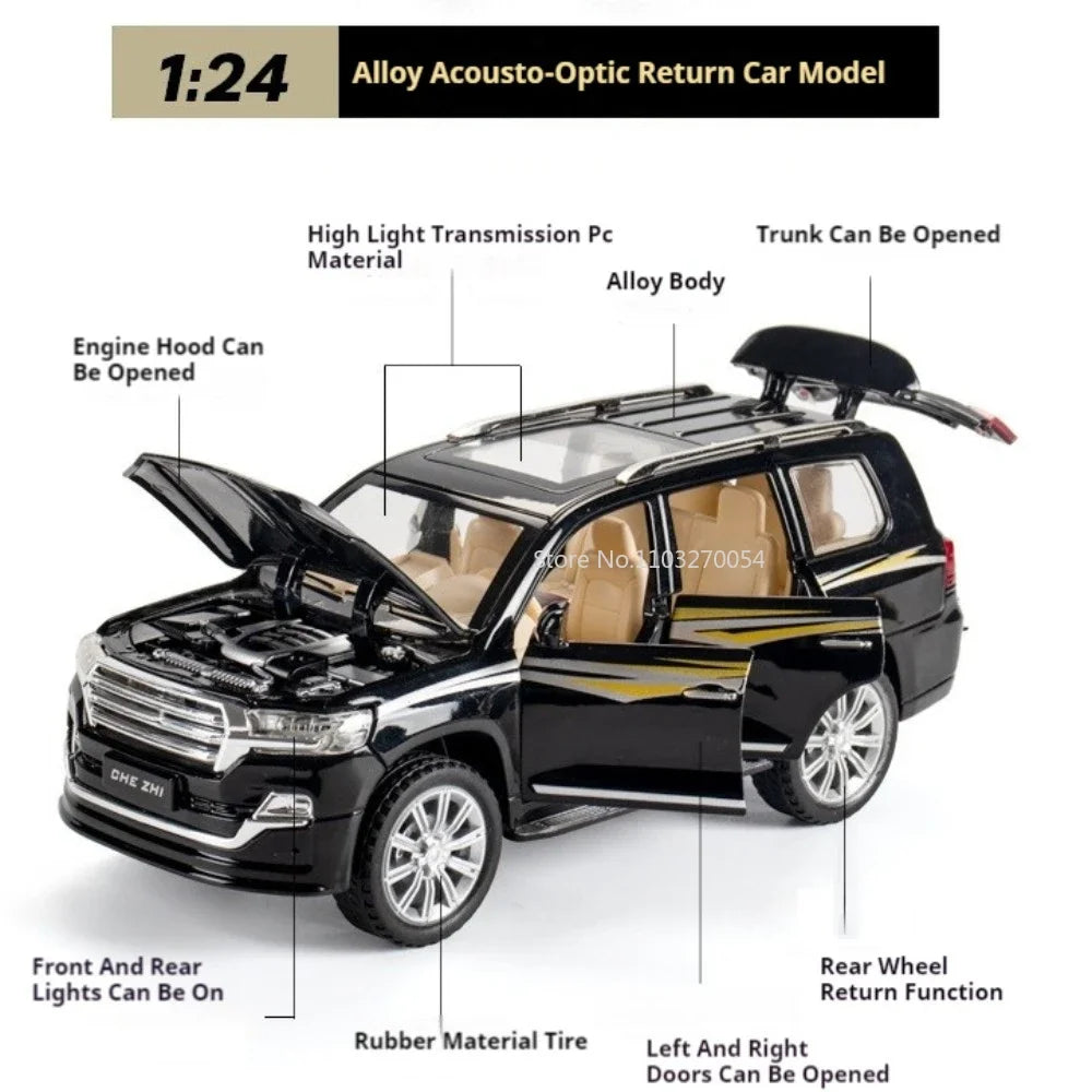 1/24 Land Cruiser RAV4 Car Toy Model Diecast Alloy ORV Cars Sound Light Pull Back 6 Door Can Be Opened Rubber Tires Vehicle Gift