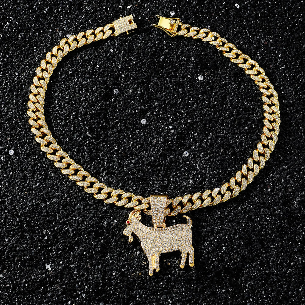 Men Hip Hop Fashion Full Rhinestone Animal Goat Pendant Necklace with 13mm Miami Cuban Chain Necklaces Rapper Rock Jewelry Gift