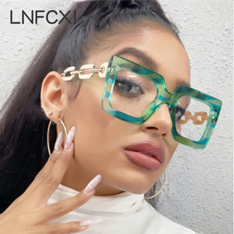 JNPCXI New Striped Chain Square Anti Blue Glasses Frames Retro Men Women Optical Fashion Computer Glasses 2022 New Arrival