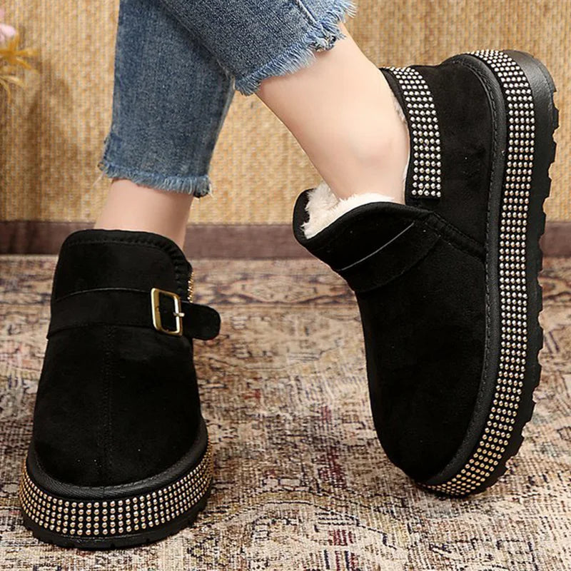 Winter Buckle Detor Ankle Boots Women Fashion Shiny Thick Bottom Snow Boots Woman Faux Suede Short Plush Warm Snow Boots Female