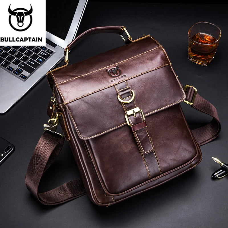 BULLCAPTAIN Men's Leather Shoulder Bag, Retro Business Crossbody Bag, Large Capacity Fashion Casual Youth Student Handbag