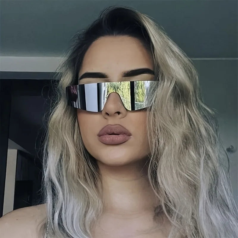 1 pair of women's fashionable flat top glasses - futuristic mirror shield fashion glasses suitable for parties, music festivals