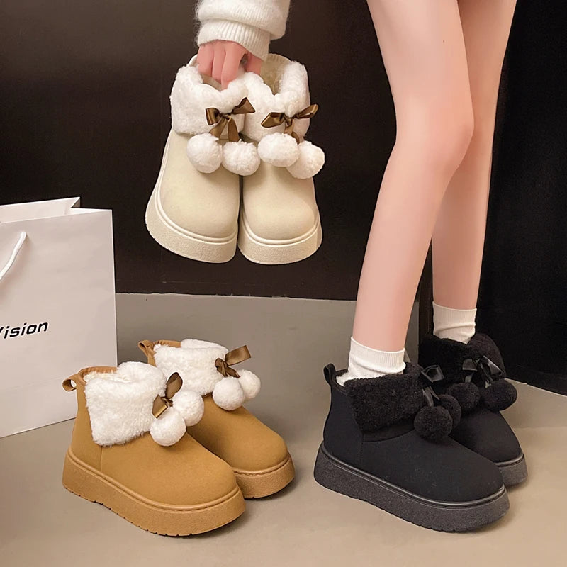 Cute Ball Platform Snow Boots for Women Comfort Thick Bottom Non Slip Fluffy Ankle Boots Woman Slip On Plush Warm Cotton Shoes