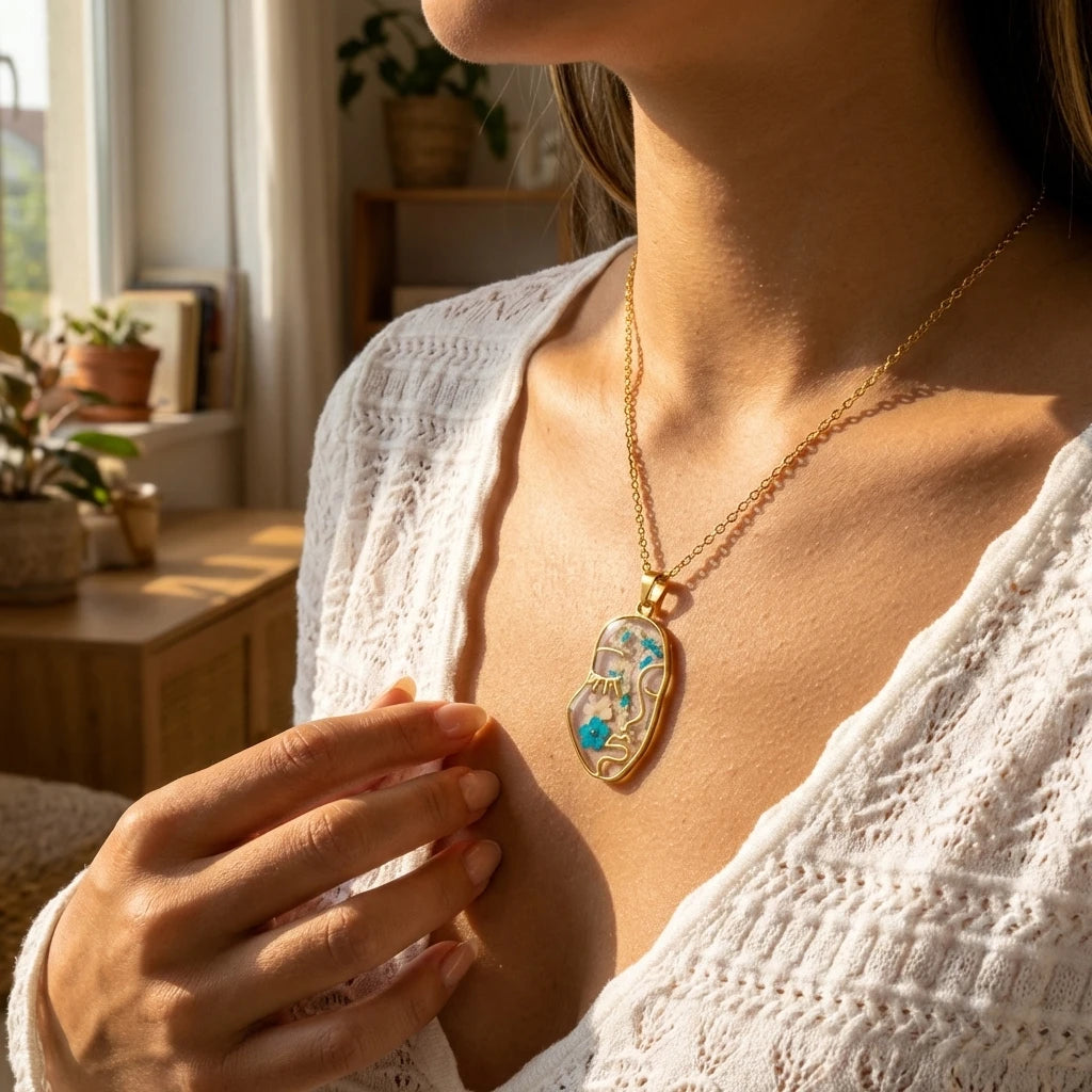 Artistic Abstract Gold Tone Necklace for Women Stainless Steel Resin Flower Irregular Pendant Unique Line Art Jewelry Gift