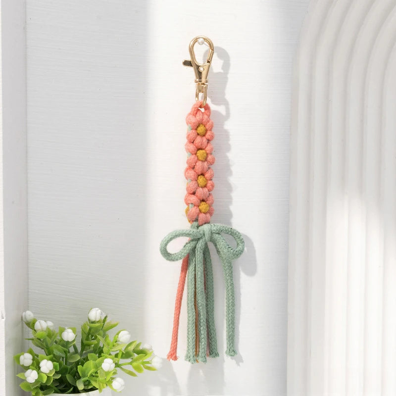 1pc Handmade Yarn Keychain with Tassels - Floral Design, Lobster Clasp, Vibrant Colors, Perfect for Bags Keys and Unique Gifts