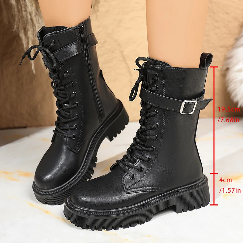 Fashion Buckle Platform Mid Calf Boots Women Lace Up Punk Motorcycle Boots Woman Autumn Winter Thick Sole Pu Leather Botas 35-42