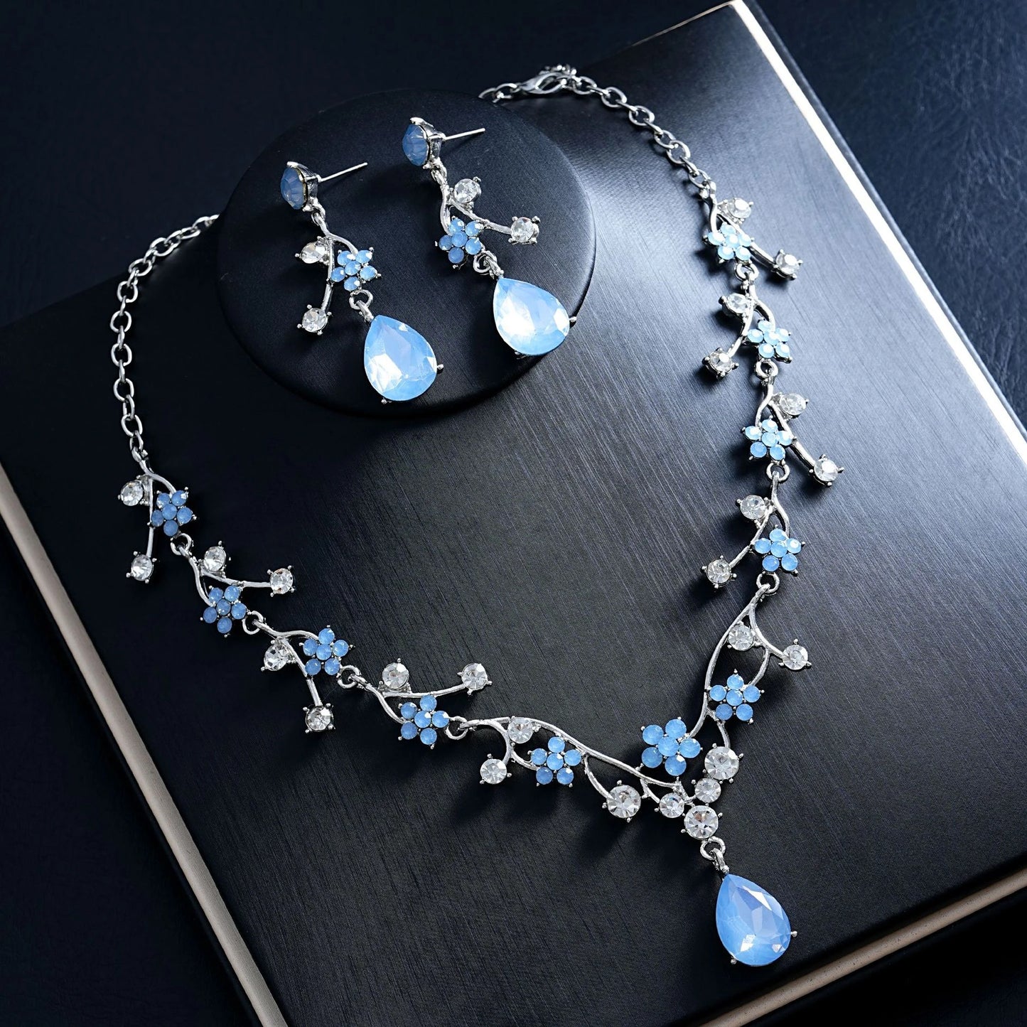 Elegant Pink Floral Rhinestone Jewelry Set for Women Gold Tone Teardrop Pendant Necklace Drop Earrings Bridal Prom Accessories