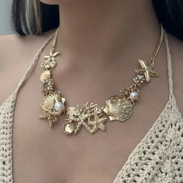 Exaggerated Metal Starfish Shell Pearl Necklace for Women Summer Ocean Coral Scallop Pendant Necklace Boho Beach Jewelry Gift