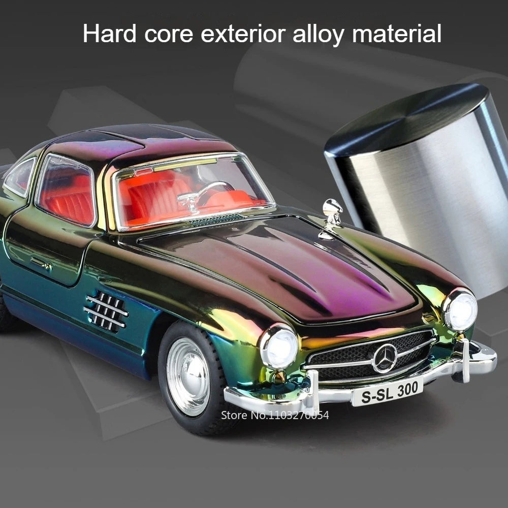 1:24 300SL 500K Alloy Vintage Car Diecast Toy Model Shock Absorption Door Opened Sound Light Pull Back Miniature Models Boy Gift
