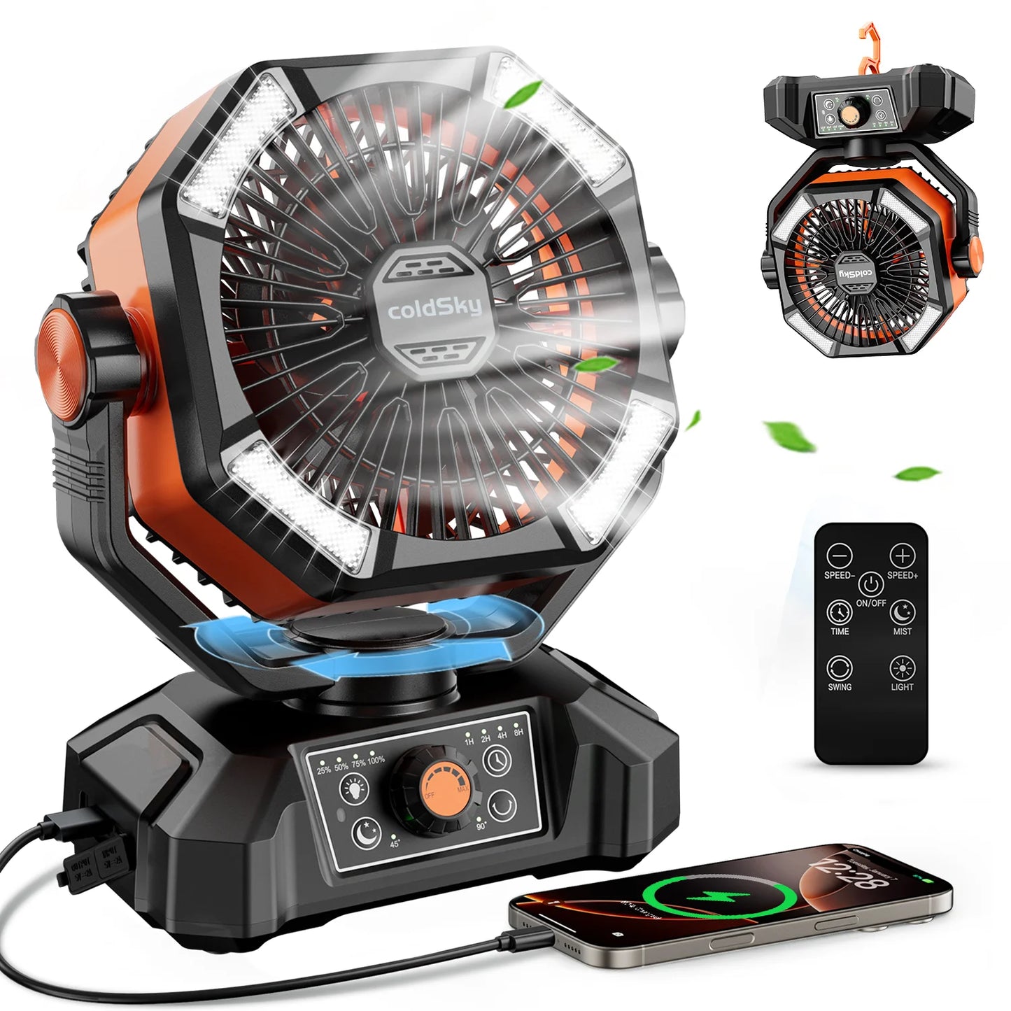Black 20000mAh Battery Camping Fan, 4 LED Lantern 8 Speeds Desk Fan Portable Fan
