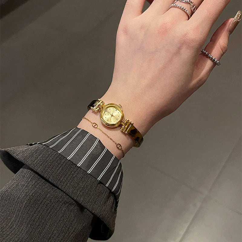 Bee Sister Women's Wristwatch Elegant Tortoiseshell Amber Fashion Vintage Golden Bracelet Chain Quartz Watch Women Gift