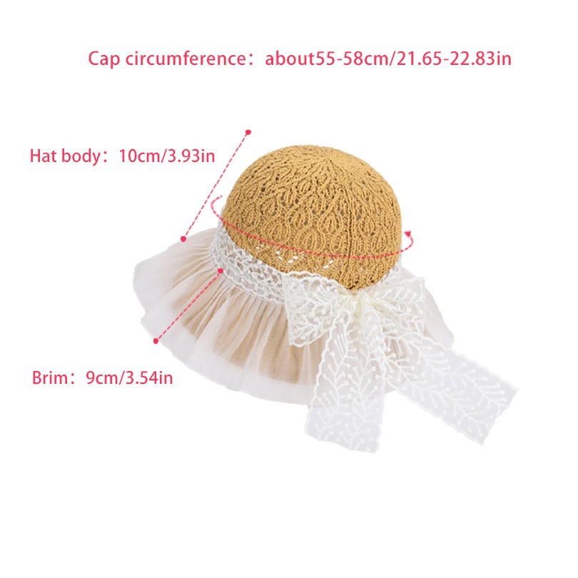 6179-New summer women's sheer breathable sun hat with children's lace ribbons and bow at the brim, fisherman style hat
