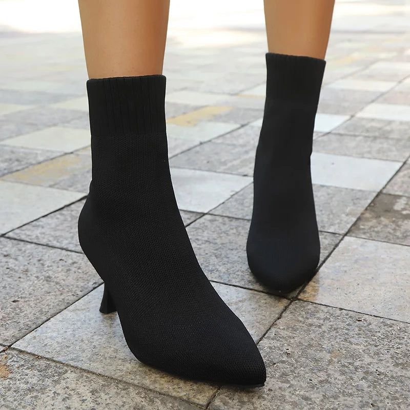 Fashion Slip On Slim Knitted Ankle Boots Women Plus Size Stretch High Heel Boots Woman Autumn Winter Thin Heeled Sock Booties