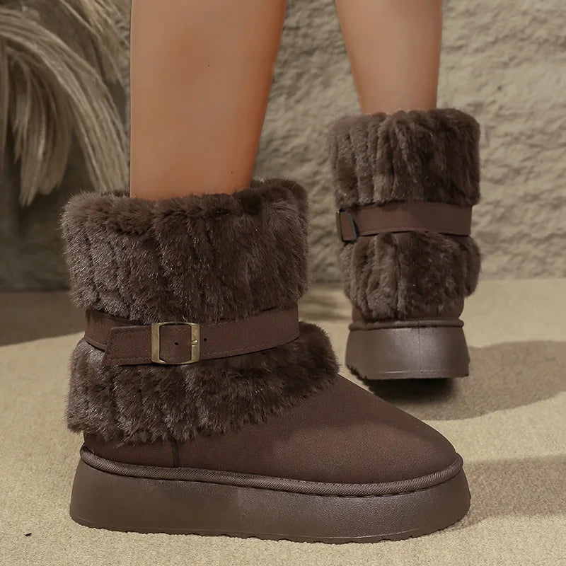 Fashion Buckle Fluffy Fur Boots Women Comfortable Winter Slip On Platform Snow Boots Woman Thick Sole Furry Ankle Botas Mujer