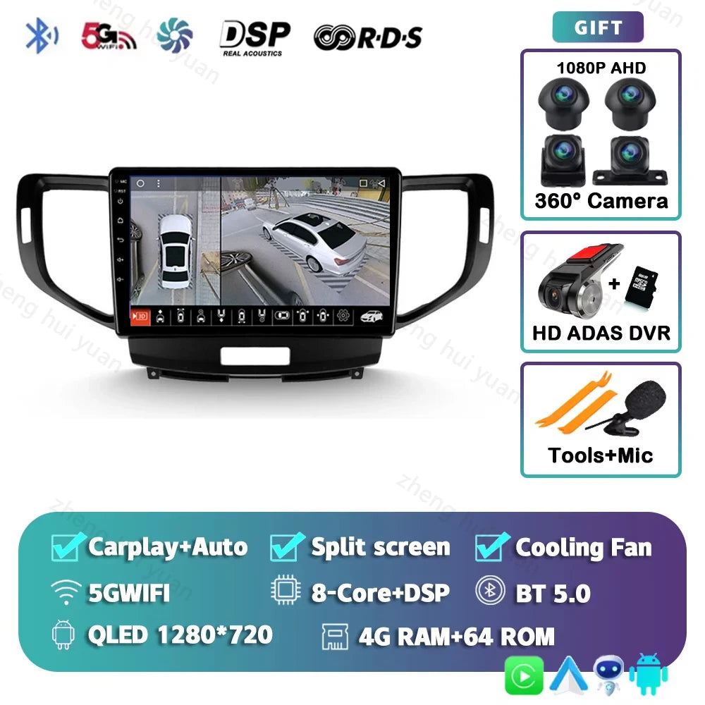 Android 14 For Honda Accord 8 2008 - 2012 CarPlay Auto 2K QLED Car Radio Multimedia Video Player GPS stereo Head Unit 4G WIFI