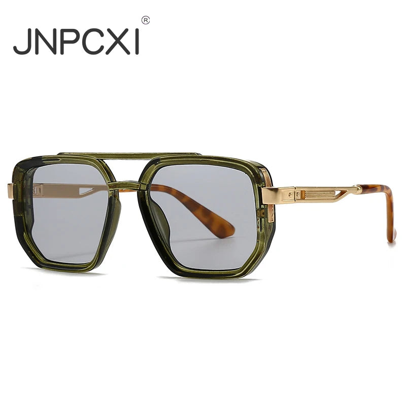 JNPCXI Fashion Double Bridges Square Sunglasses Women Retro Ins Popular Rivets Green Black Men Punk Sun Glasses Shades UV400