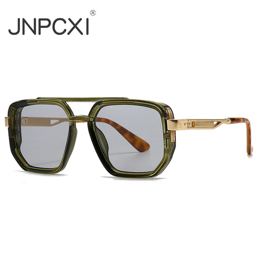 JNPCXI Fashion Double Bridges Square Sunglasses Women Retro Ins Popular Rivets Green Black Men Punk Sun Glasses Shades UV400