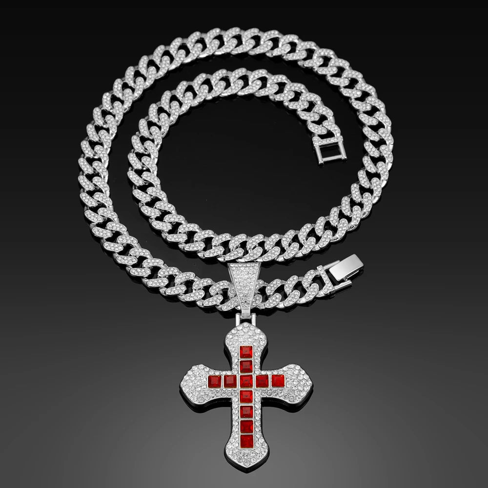 New Iced Out Bling Cross Pendant Necklace Rectangle Rhinestone Red Charm Hip Hop Men Cuban Chain Party Jewelry Accessories Gift