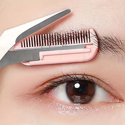 Pink eyebrow trimming scissors w/ built-in comb, precise grooming tool