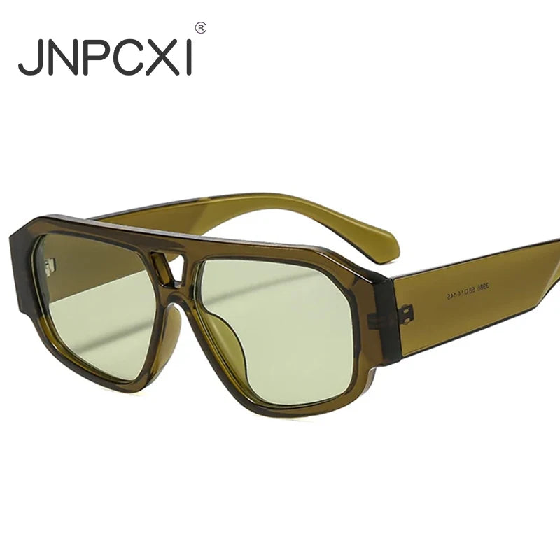 JNPCXI Fashion Double Bridges Polygon Square Women Sunglasses Green Green Shades UV400 Men Sun Glasses