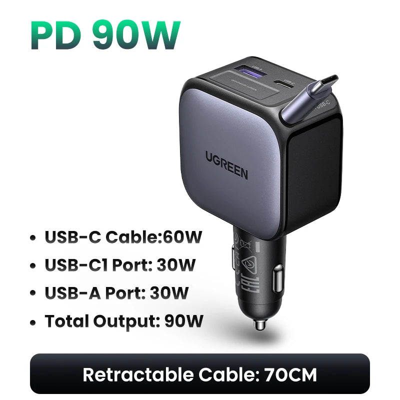 UGREEN USB Type-C Car Charger PD145W 90W 60W Retractable Cable PD SCP AFC PPS Fast Charging For Tablet iPhone Samsung Xiaomi