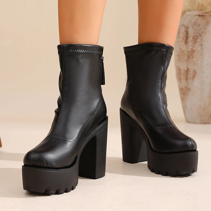 Black Pu Leather High Heel Ankle Boots Women Punk Back Zipper Chunky Platform Boots Woman Plus Size 43 Thick Heels Short Booties