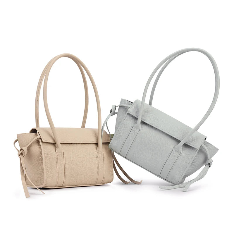Women's Long-Handled Genuine Cowhide Leather Tote Bag Luxury Designer Pebbled Leather Drawstring Side Crossbody Shoulder Bag