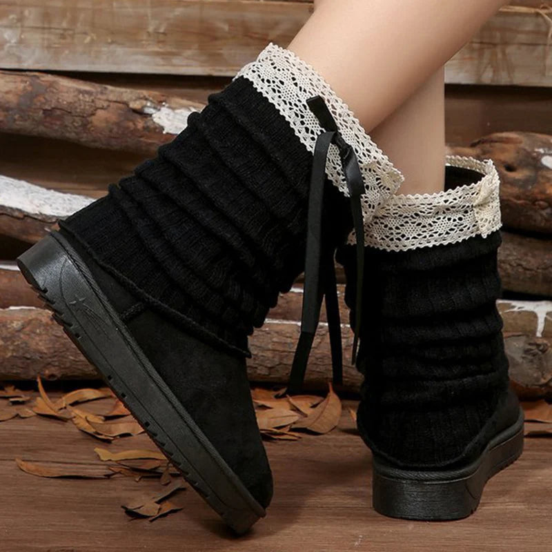 Sweet Lace Bowknot Snow Boots Women Faux Suede Knitted Snow Boots Woman Winter Platform Soft Soles Thick Warm Booties Female
