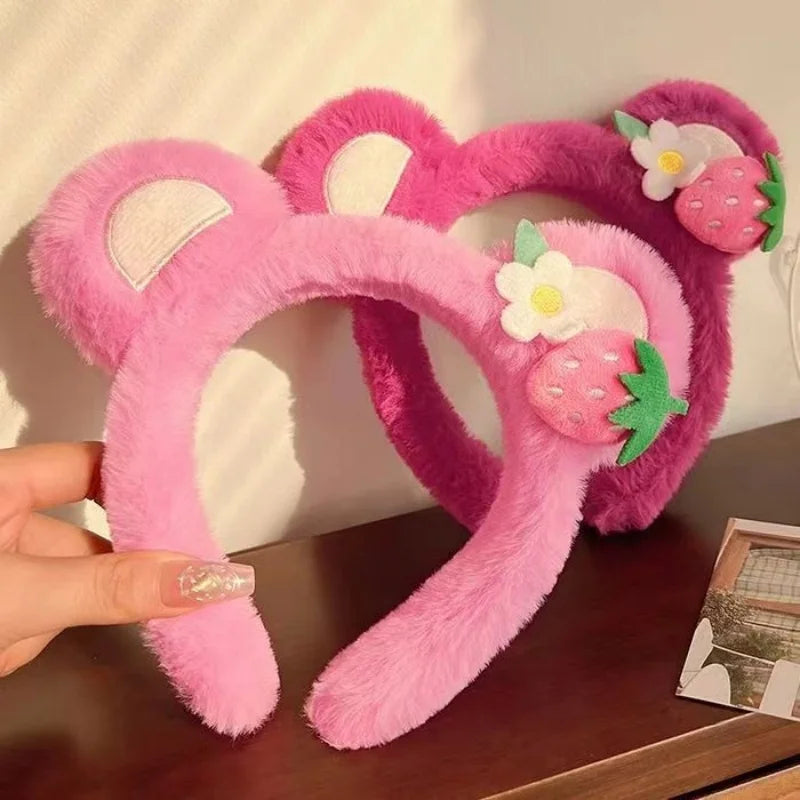 Strawberry Bear Plush Headband for Women Sweet Fashion Girls Face Wash HairBand