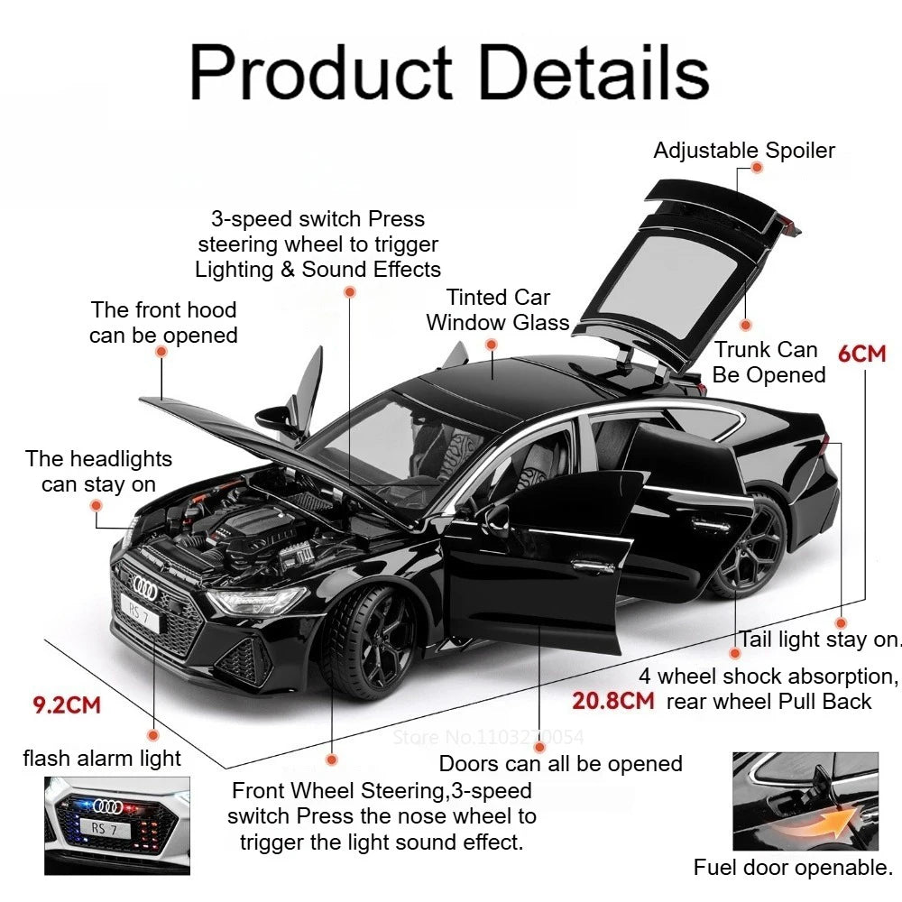 1:24 RS7 RS6 Miniature Car Model Diecast Alloy Toy Front Wheel Steering with Sound Light Pull Back Vehice Bookshelf Collectibles