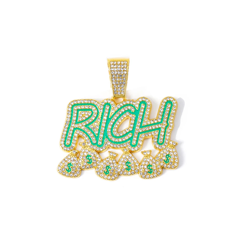 Hip Hop Men Become Rich Money Bag Letter Pendant Necklace With 14mm Miam Iced Out Trendy Dollar Cuban Link Chain Necklaces Gift