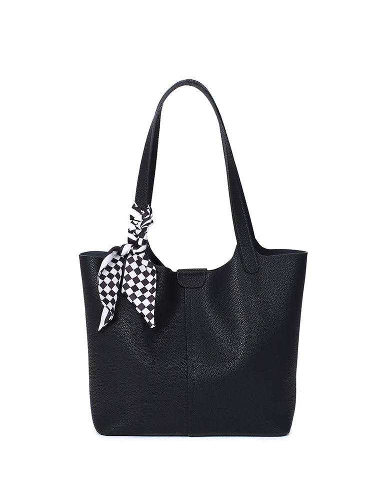 Genuine Cowhide Leather Tote Bag for Women Pebbled Leather Shoulder Bag with Removable Pouch&Silk Scarf Luxury Designer Handbag